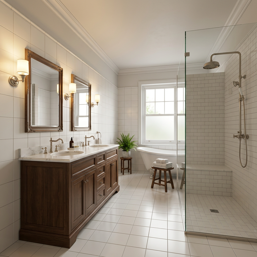 Classic Bathroom Design with Floor-Standing Vanity & Marble Finishes