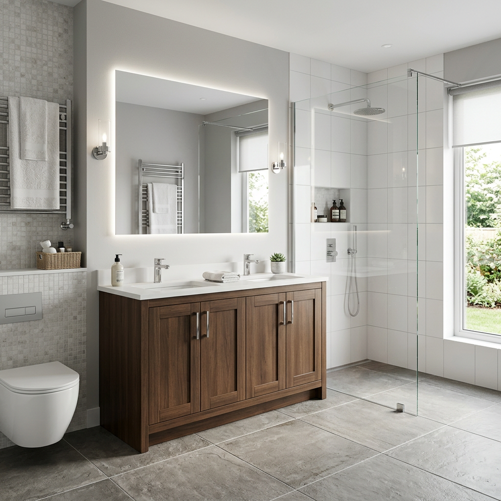 Transitional Bathroom Design with Wooden Vanity
