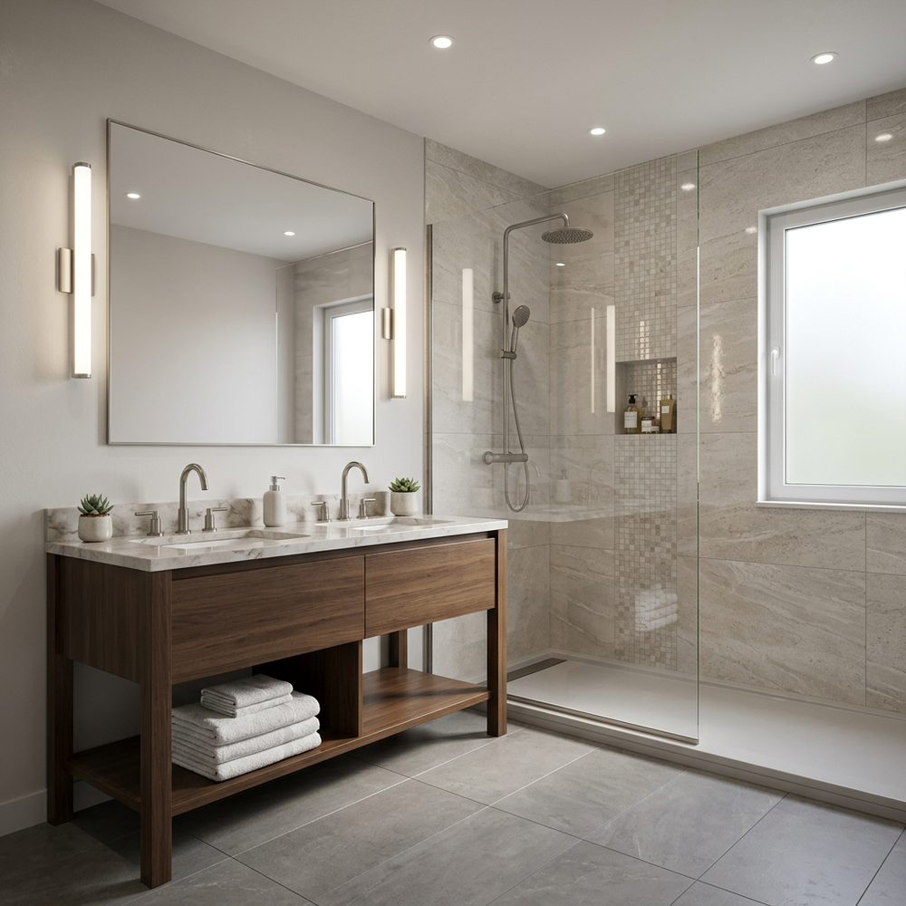 Modern Grey Bathroom Design with Quartz Vanity