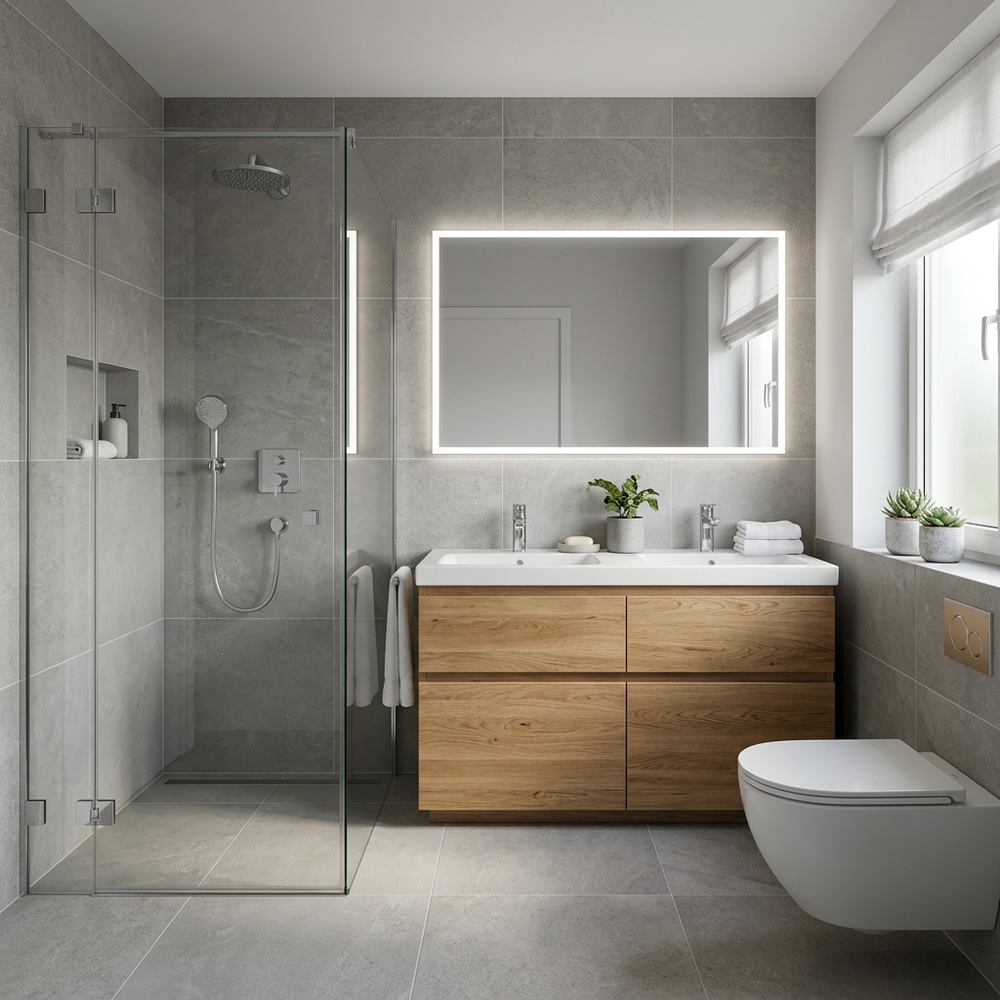 Modern Grey Bathroom with Glass Shower Partition