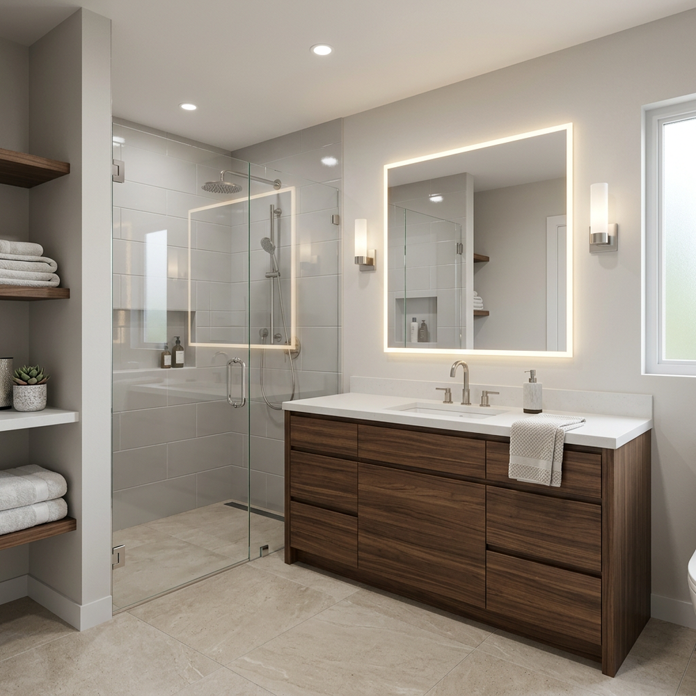 Modern Beige Bathroom with Floor-Standing Vanity