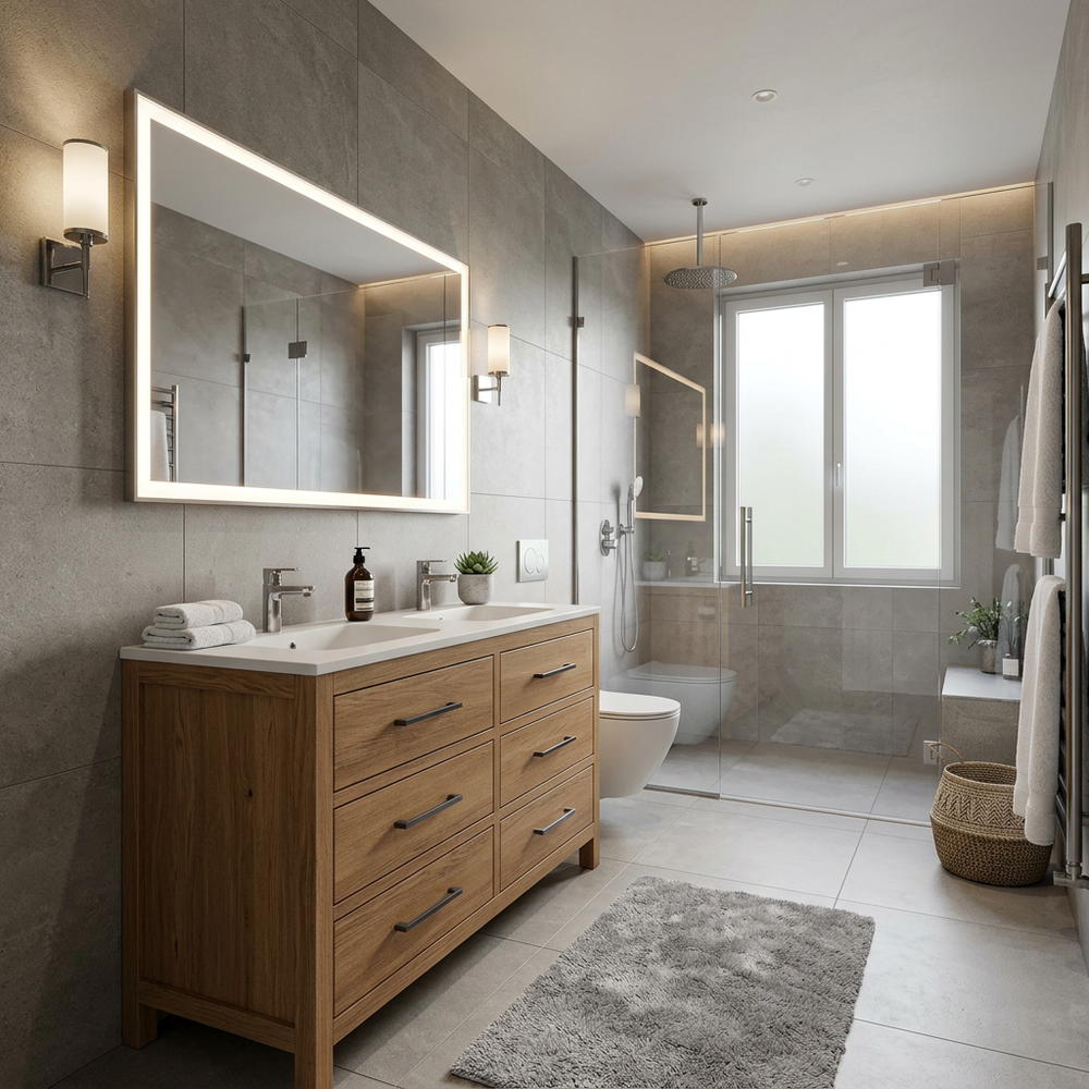Modern Bathroom Interior with Floor-Standing Vanity and LED Mirror