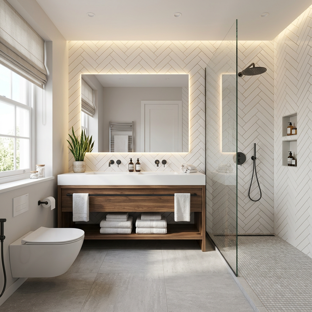 Modern Beige Bathroom with Wooden Floor-Standing Vanity