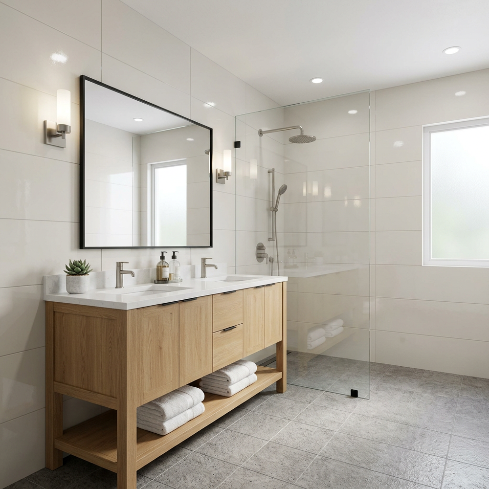 Modern Bathroom with Marble Finish and Floor-Standing Vanity