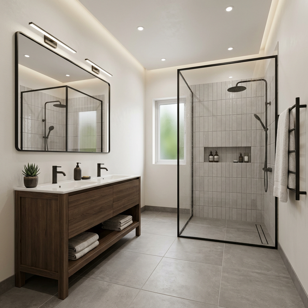 Modern Bathroom with Slate Vanity and Gold-Framed Mirror