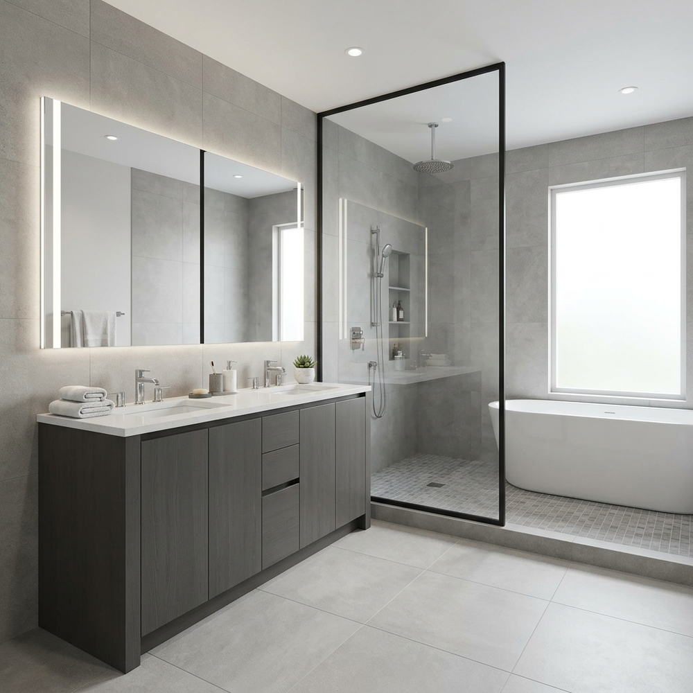 Compact Modern Bathroom with Glass Partition & LED Mirror