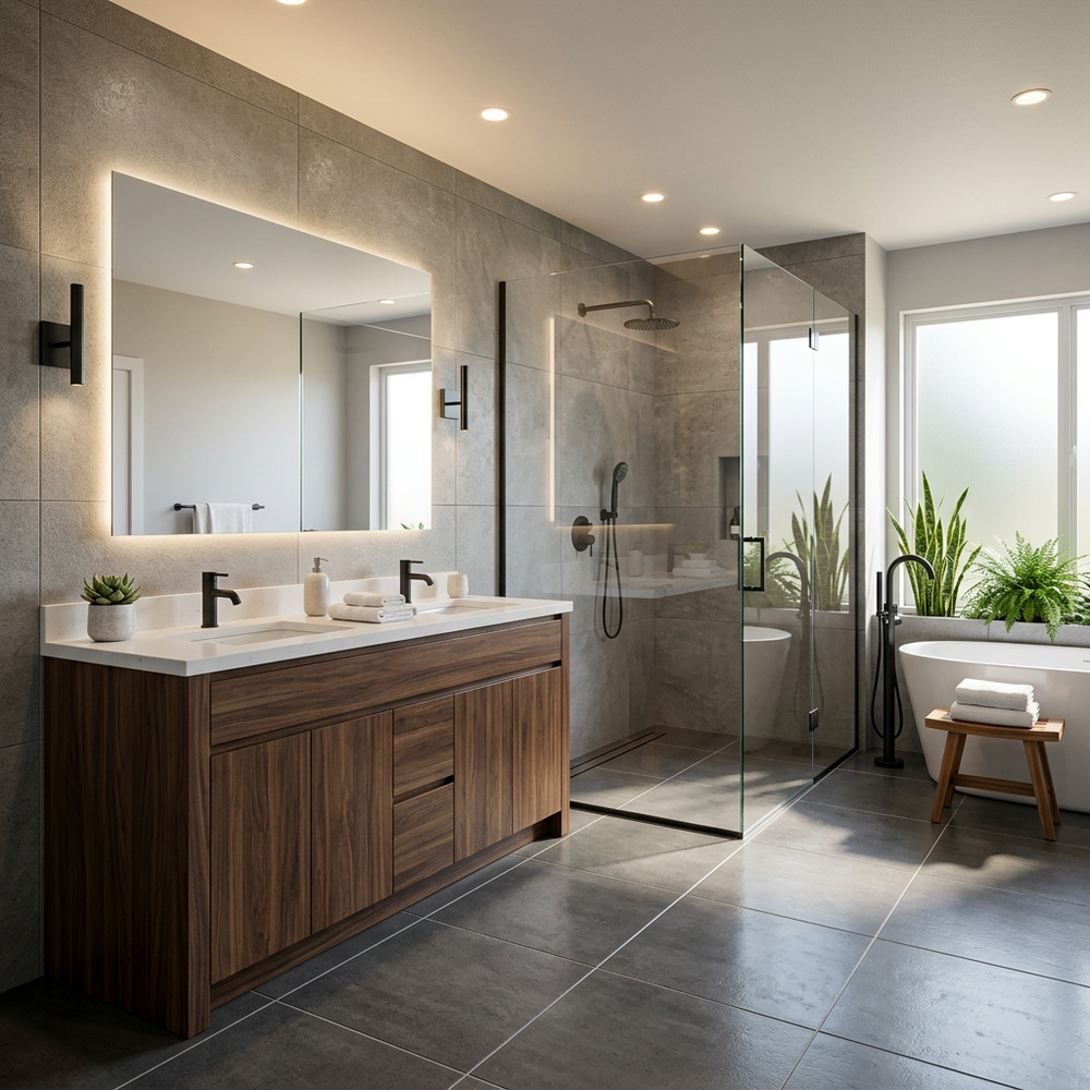 Modern Spa-Like Bathroom with Floor-Standing Vanity