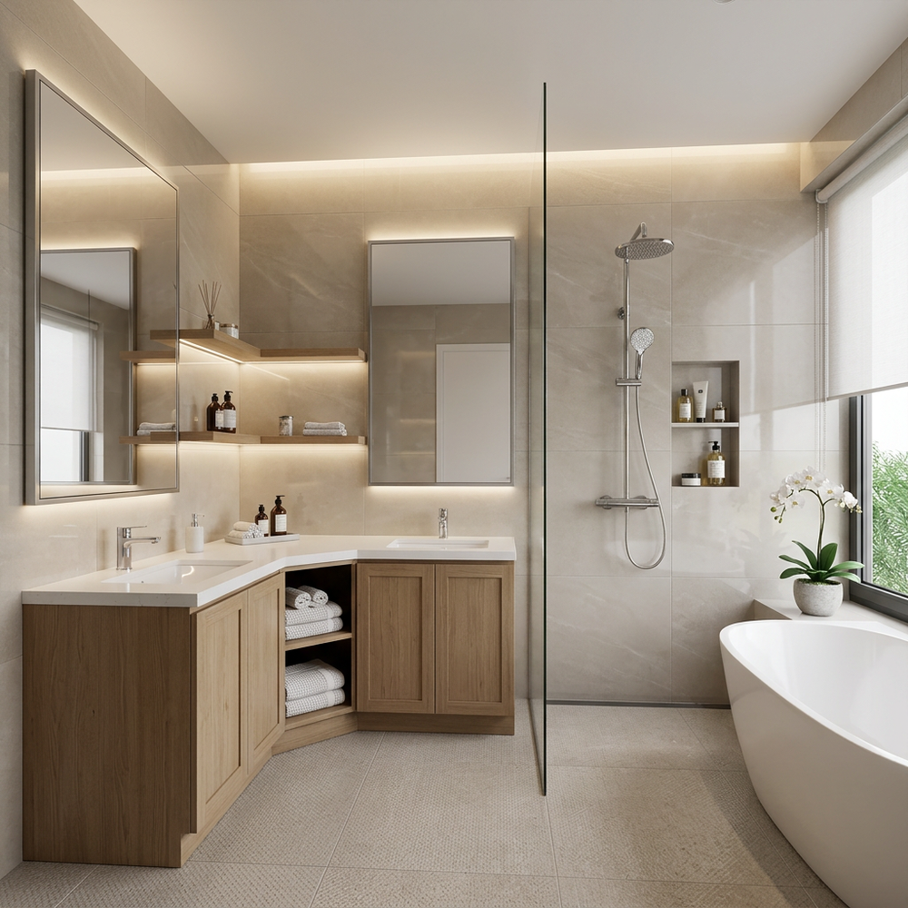 Spa-Like Bathroom with Corner Vanity