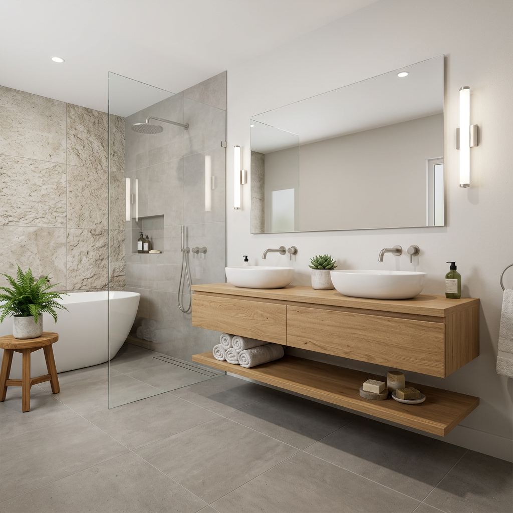 Modern Spa-Like Bathroom with Teal Floating Vanity and Marble Tiles