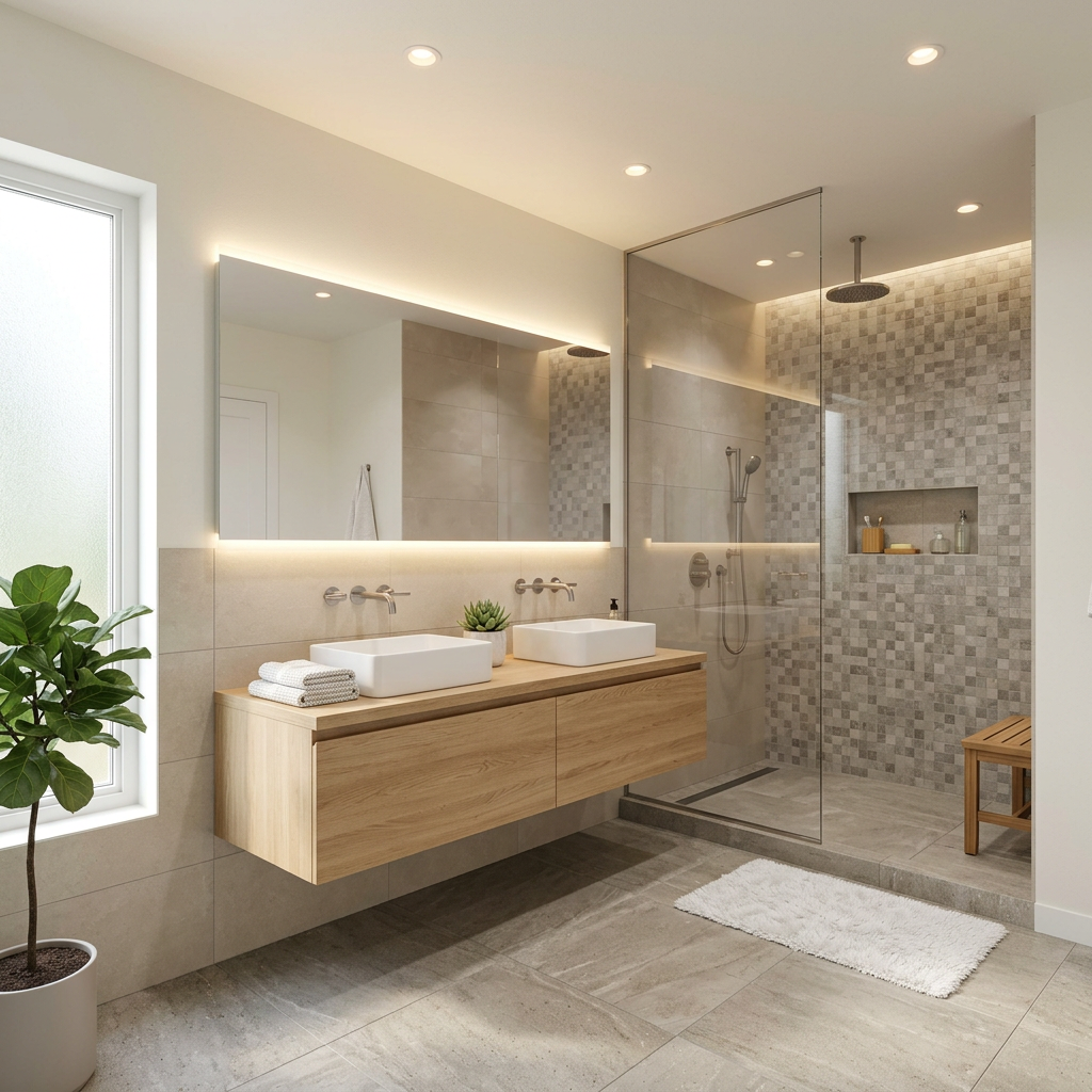 Elegant Spa-Like Bathroom with Matte Grey Tiles and Floating Storage