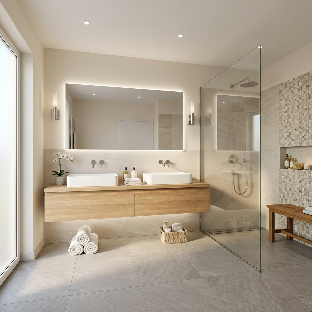 Modern Tropical Bathroom with Grey Vanity and Wooden Accents