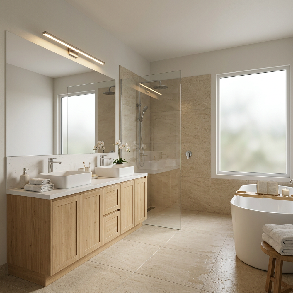 Luxury Spa-Inspired Bathroom with Marble Vanity and Copper Accents