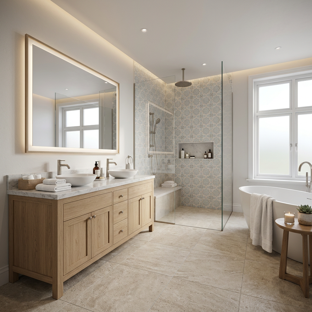 Modern Bathroom Design with Brass Fittings and Smart Layout