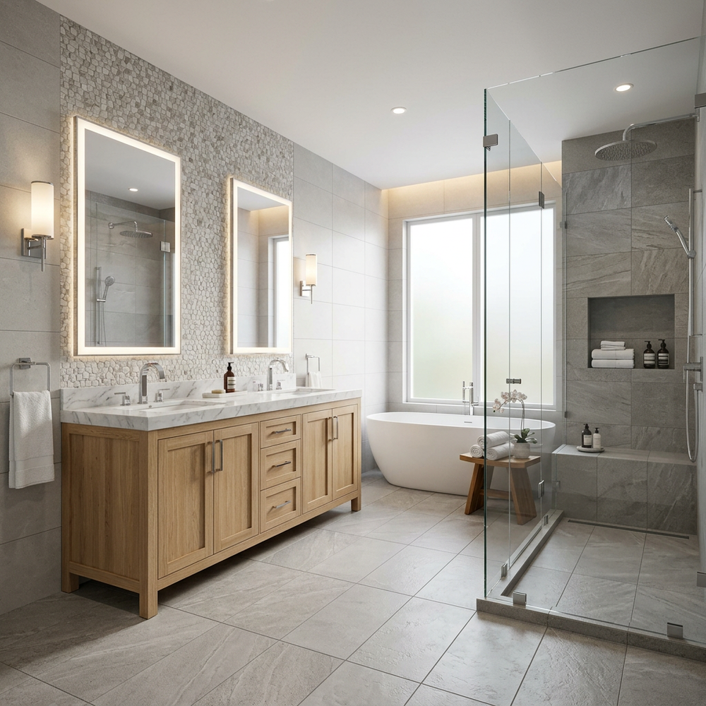 Spacious Beige Bathroom with Floor-Standing Vanity and Glass Partition