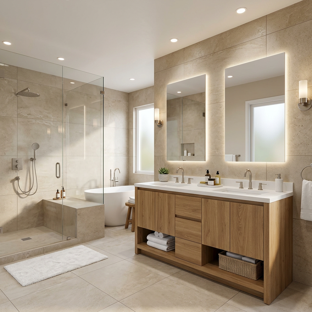 Contemporary Spa-Like Bathroom with Light Brown Tiles and Vanity Unit