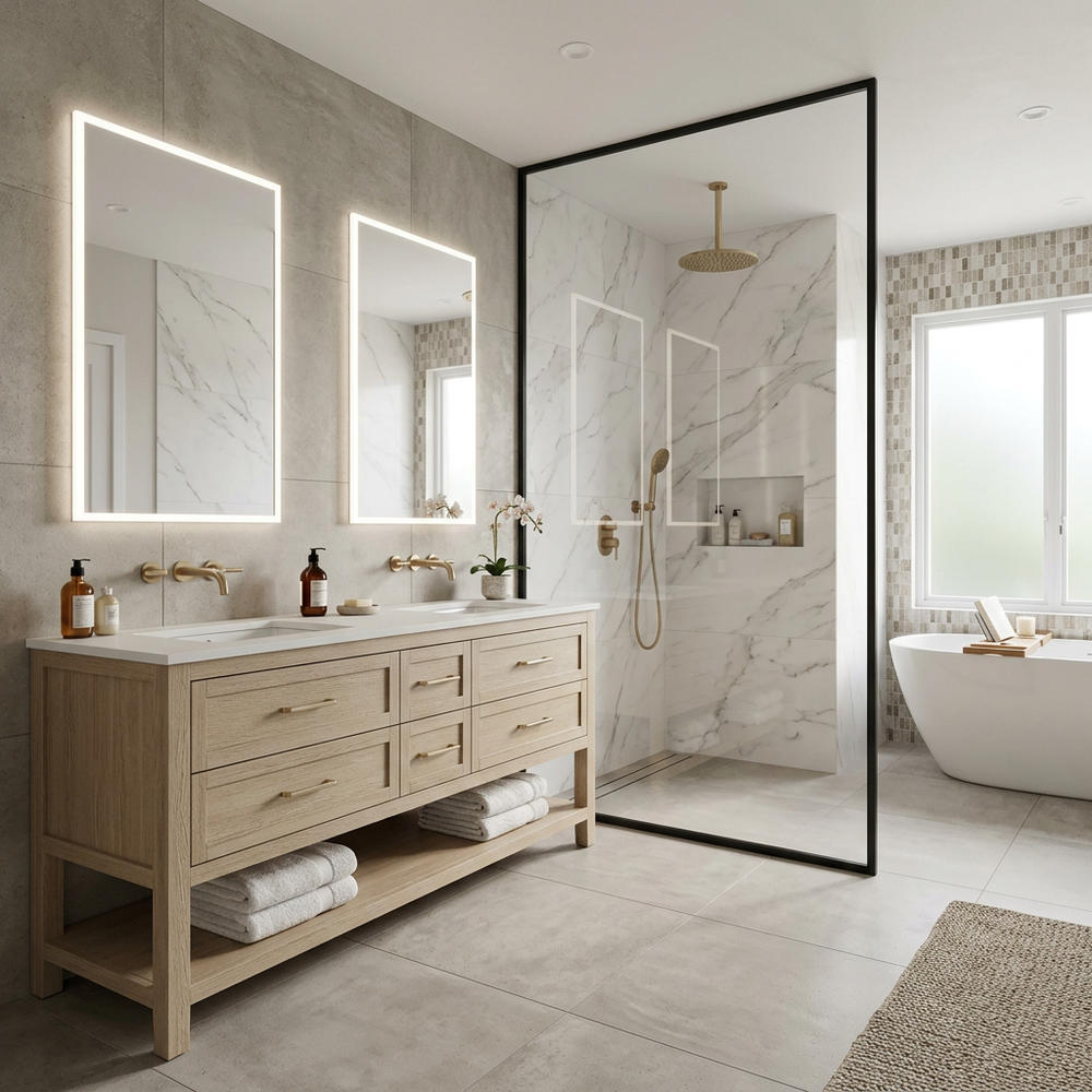 Modern Black and White Bathroom with Floor-Standing Vanity