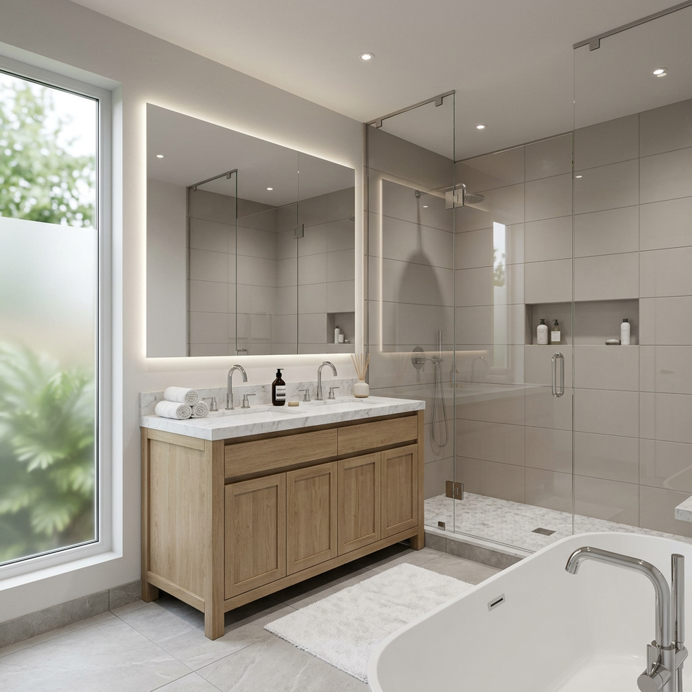 Spa-Like Bathroom with Wooden Wall Panels and Mosaic Flooring