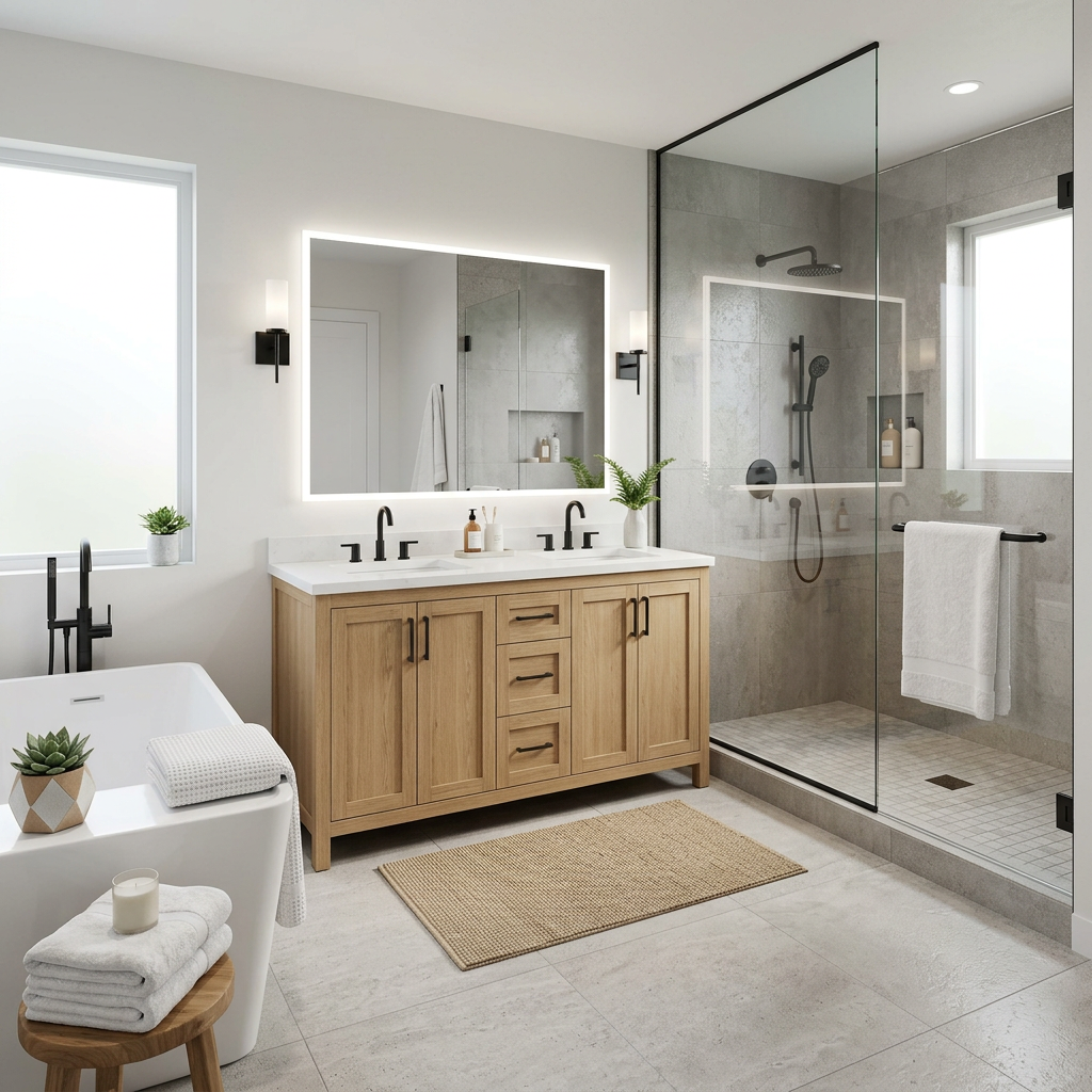 Modern Black and Grey Bathroom with Glass Shower Partition and Vanity