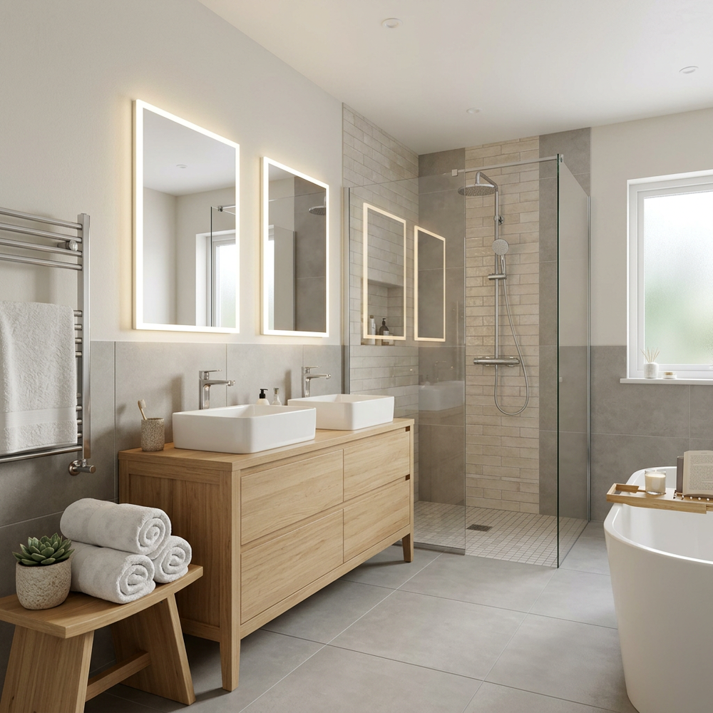 Modern Spa-Like Bathroom with Textured Marble Tiles and Smart Storage