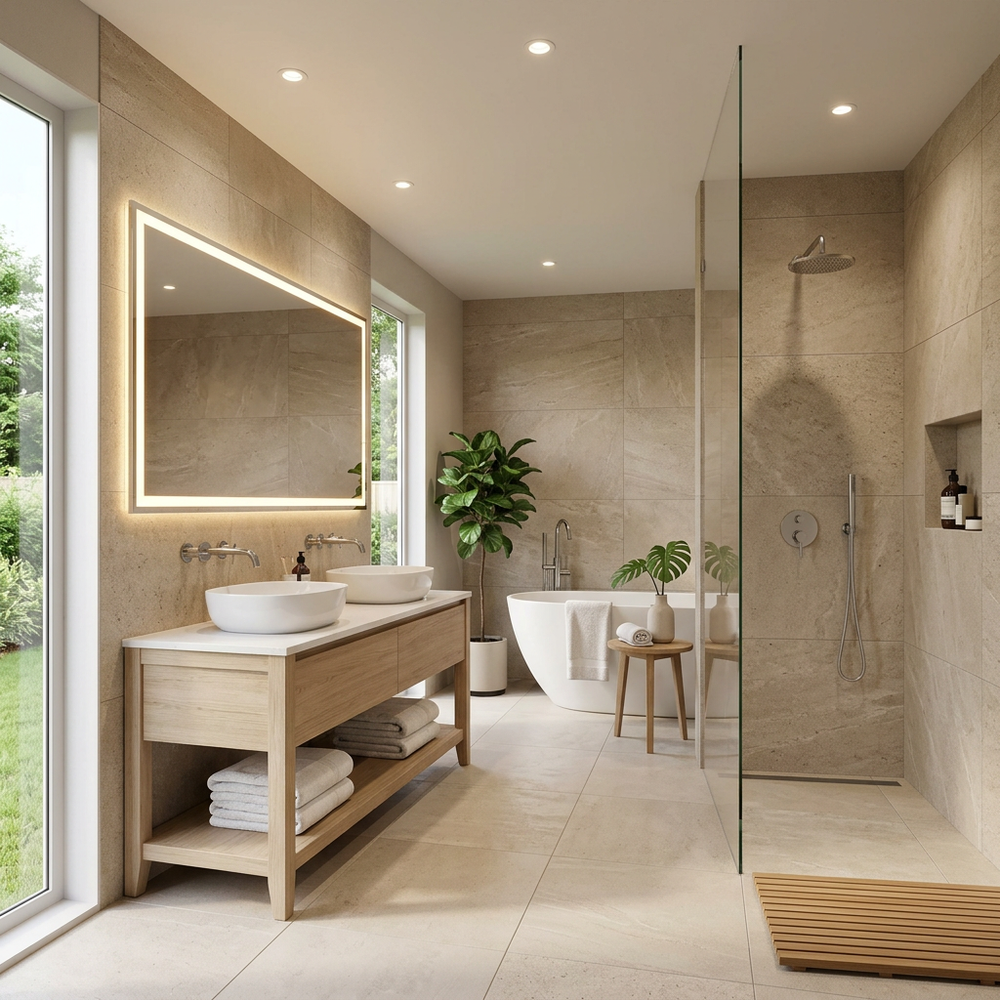 Spacious White Bathroom with Beige Vanity and Glass Partition