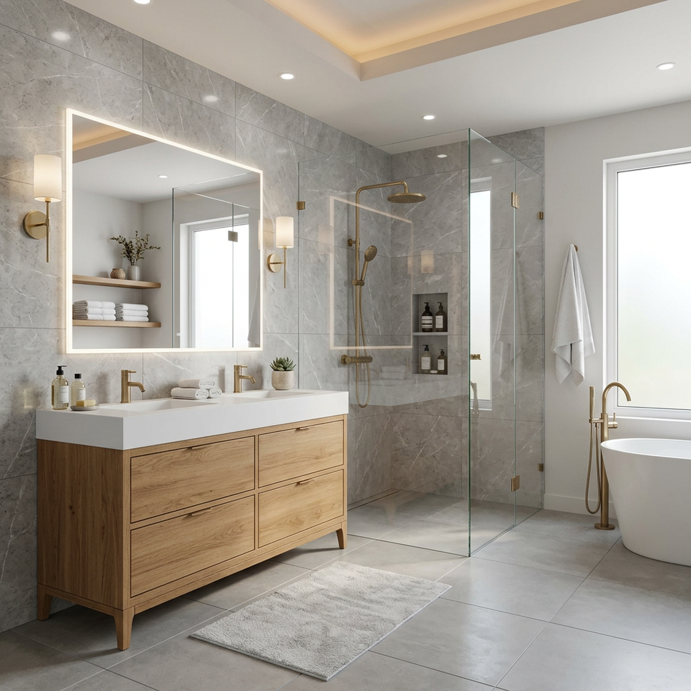 Luxury Modern Bathroom with Glass Shower and Brass Fixtures