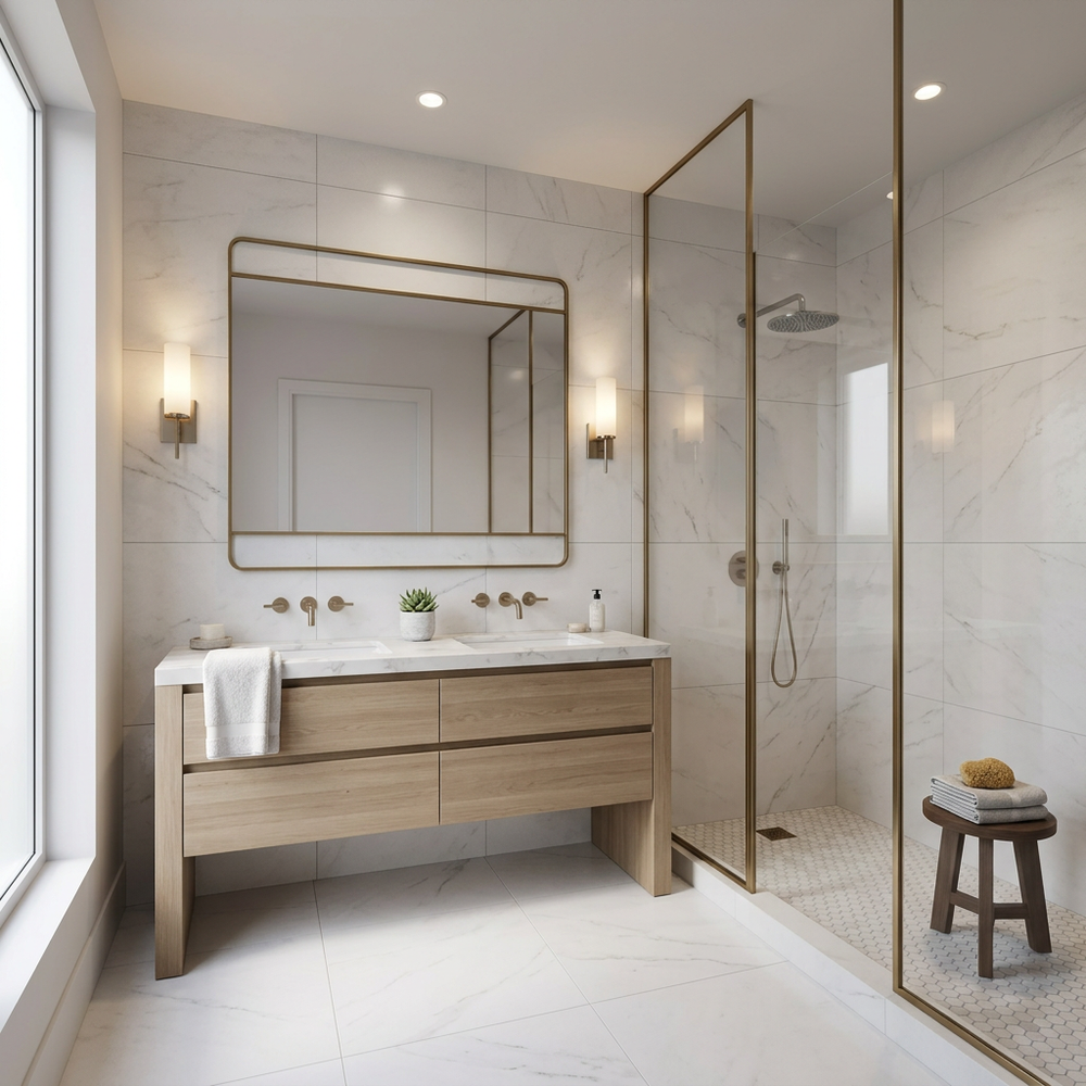 Elegant Beige Bathroom Design with Natural Light and Premium Finishes