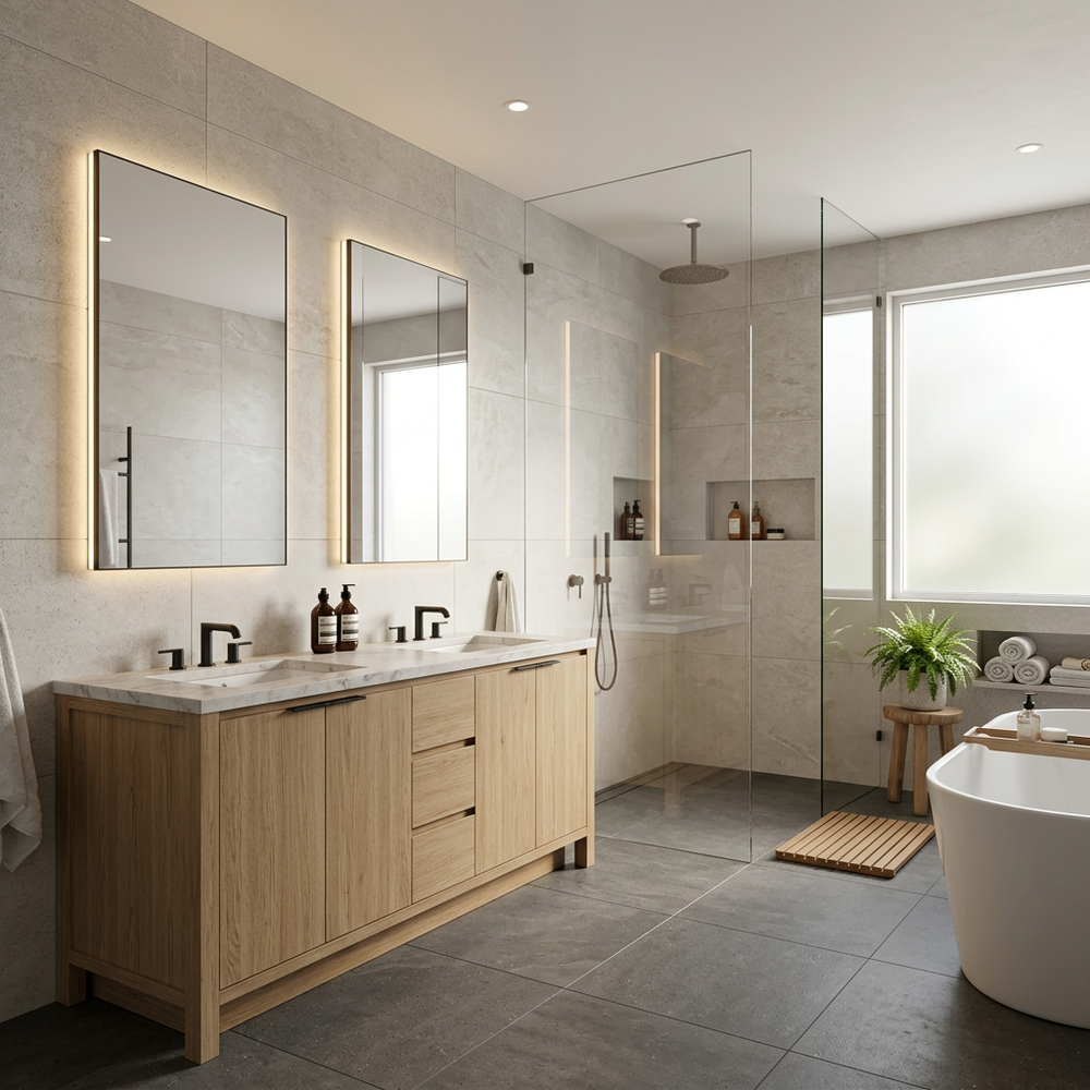 Modern Bathroom with Marble Tiles and Wooden Vanity