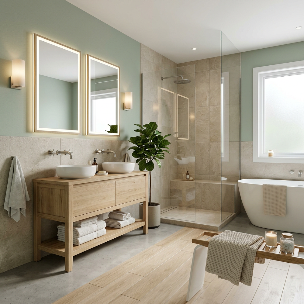 Spa-Like Bathroom with Wine-Toned Walls and Natural Stone Finishes