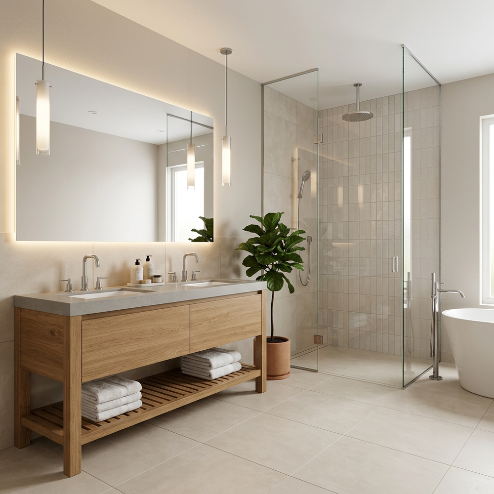 Contemporary Bathroom with Mosaic Wet Area and Floor-Standing Vanity