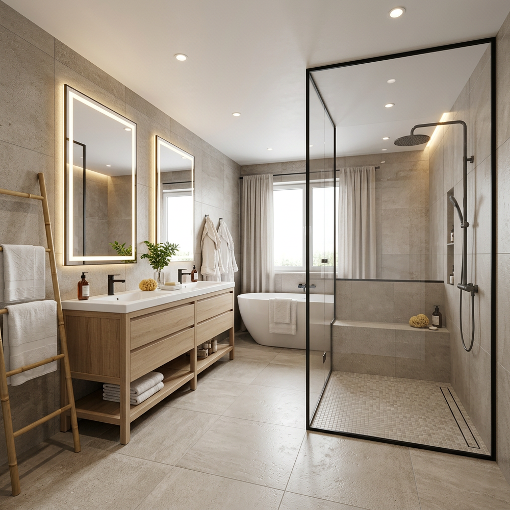 Modern Beige and Grey Bathroom with Floor-Standing Vanity