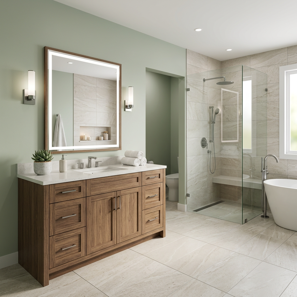 Spa-Like Bathroom with Beige Tiles, LED Vanity and Brass Fixtures