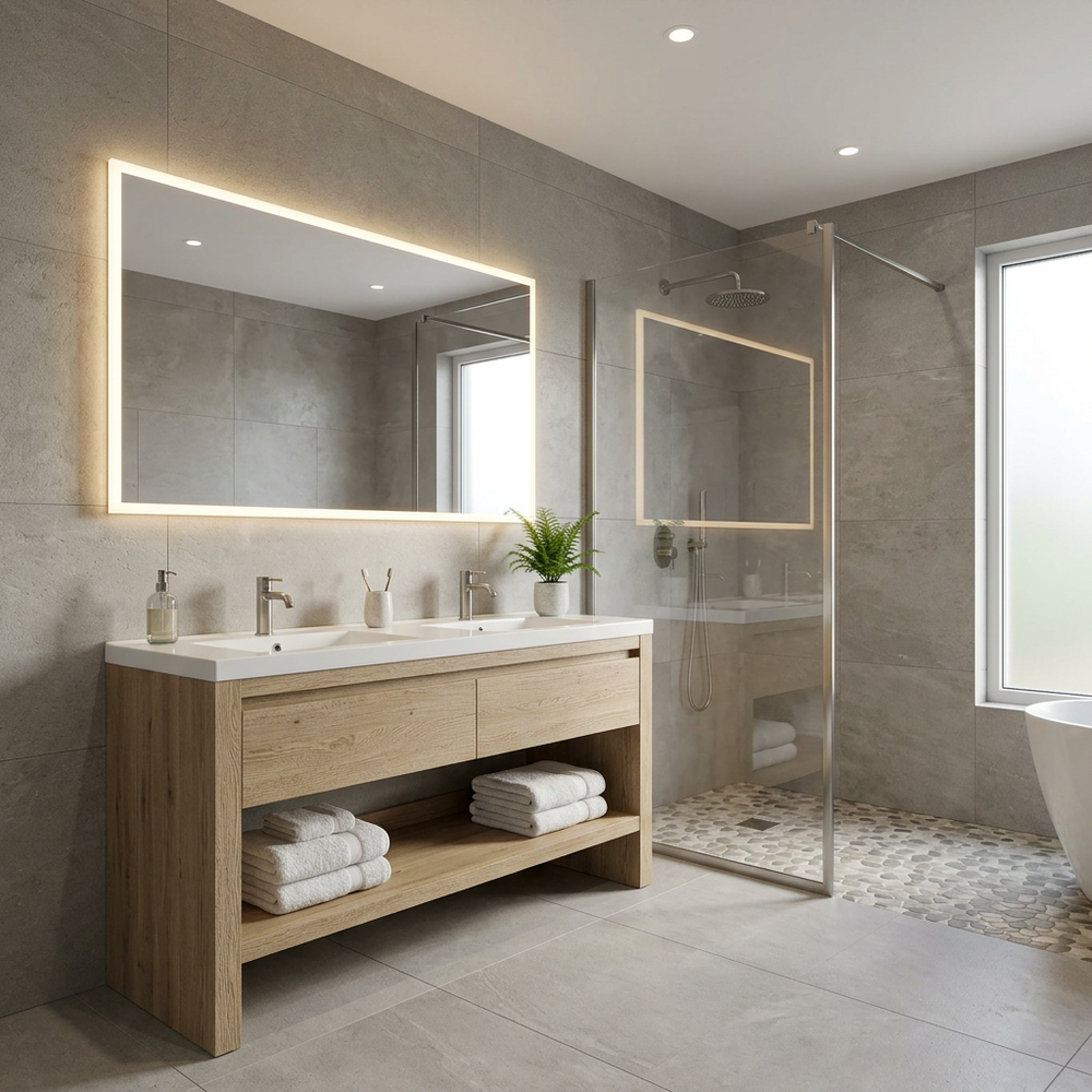 Modern Spa-Like Bathroom with Mosaic Walls and Warm Wood Flooring