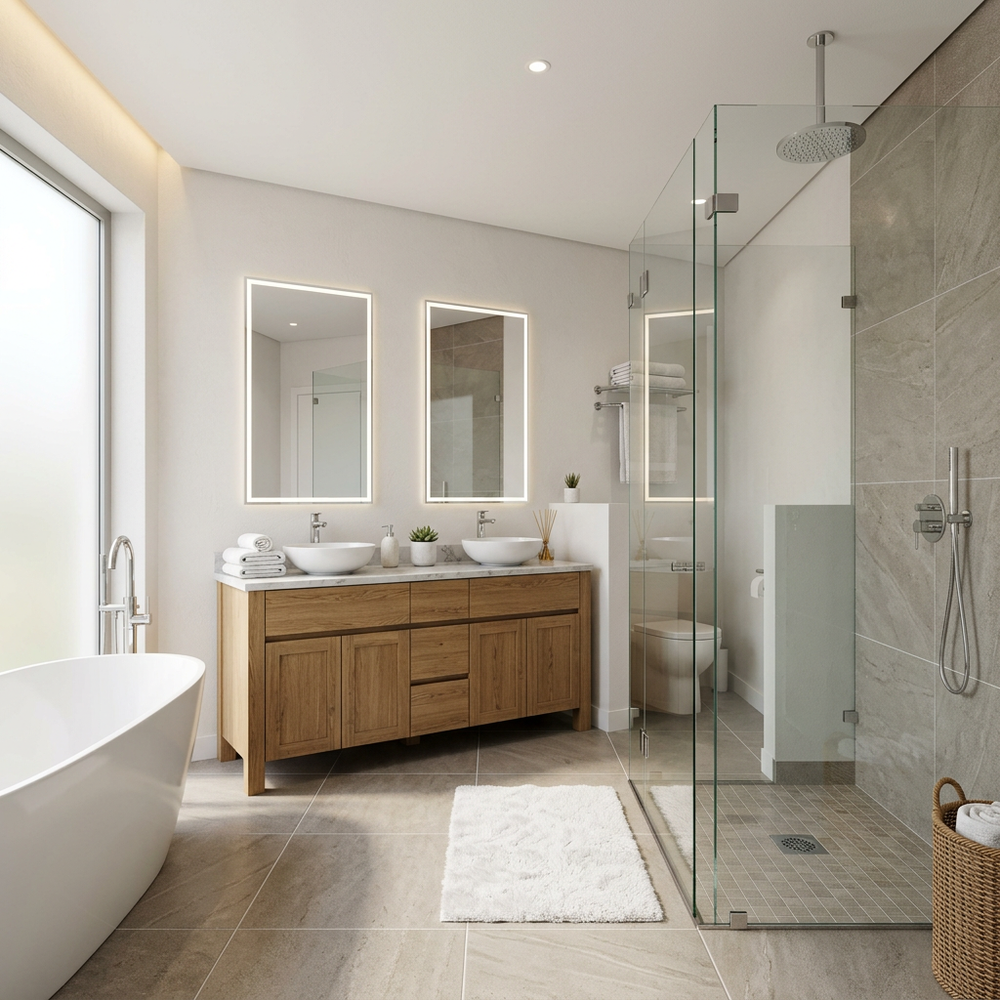 Modern Beige Bathroom Design with Natural Light and Smart Storage