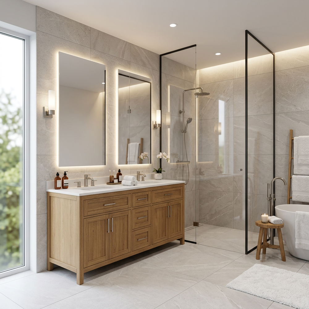 Compact Transitional Bathroom with Wooden Vanity