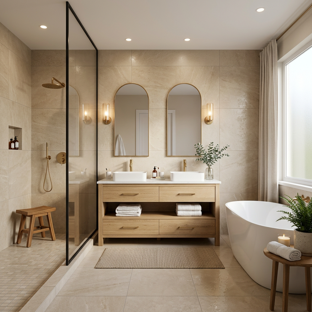 Tropical Spa-Like Bathroom with Palm Wallpaper and Modern Vanity