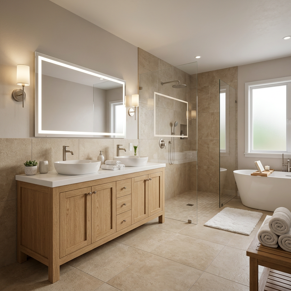 Spa-Like Bathroom with Walnut Vanity and Grey Ceramic Tiles