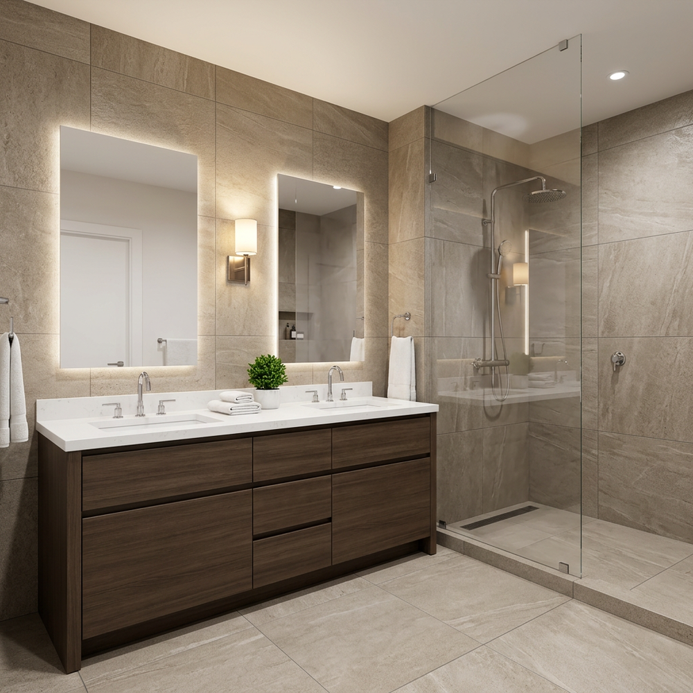 Luxury Modern Bathroom with Marble Walls and Wooden Vanity