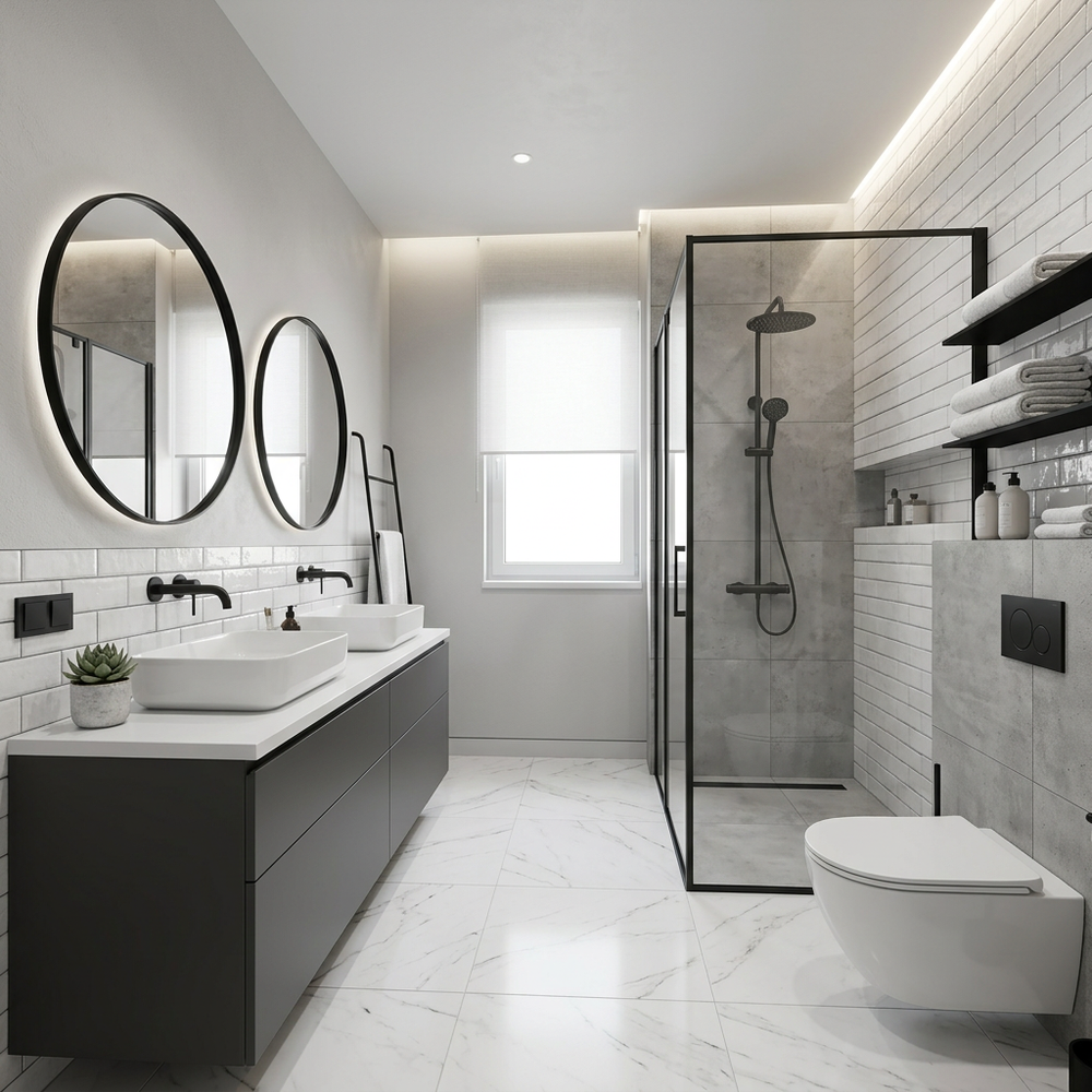 White And Grey Contemporary Bathroom Design With Black Sanitary Fittings