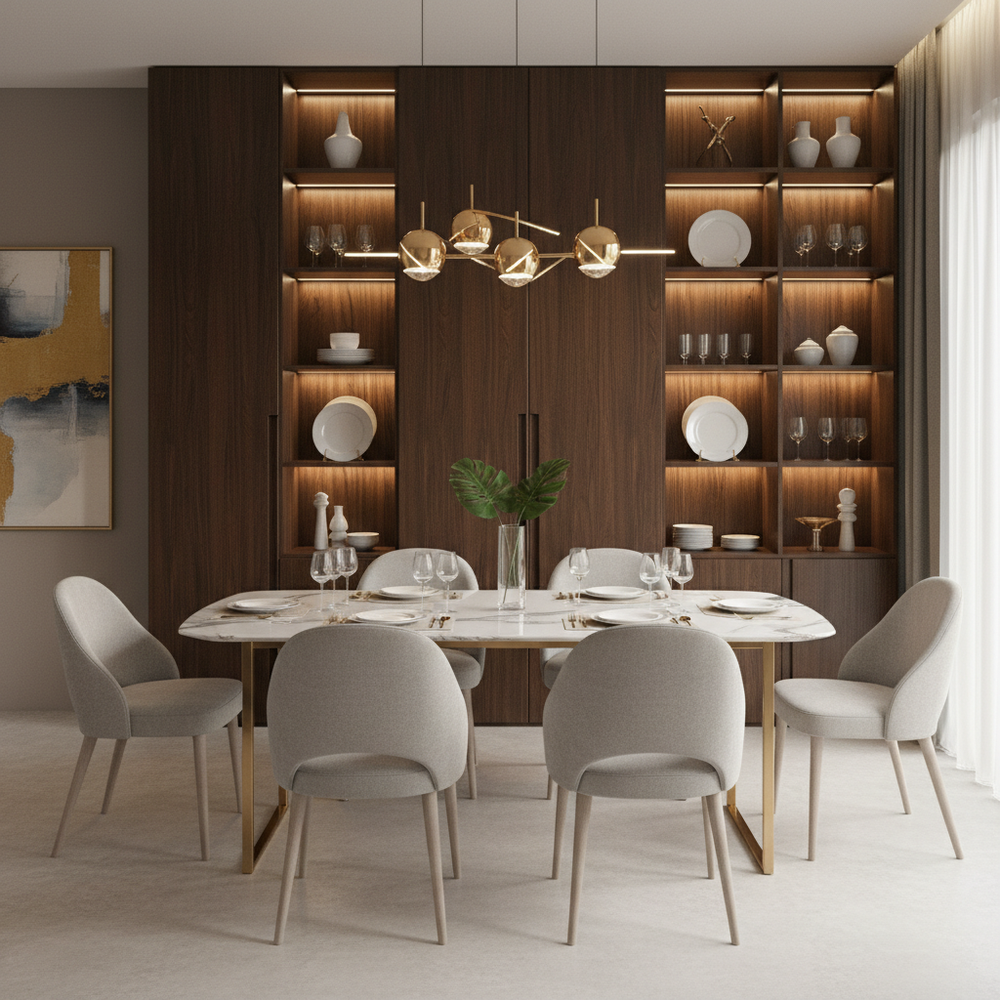 Modern Dining Room Design with Storage Wall Display and Marble Dining Table Setup
