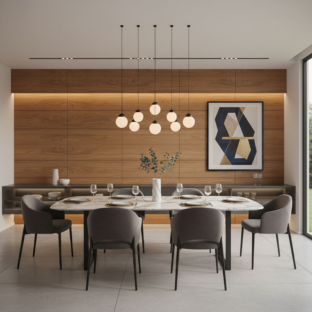 Modern Dining Room Design With Wooden Wall Paneling