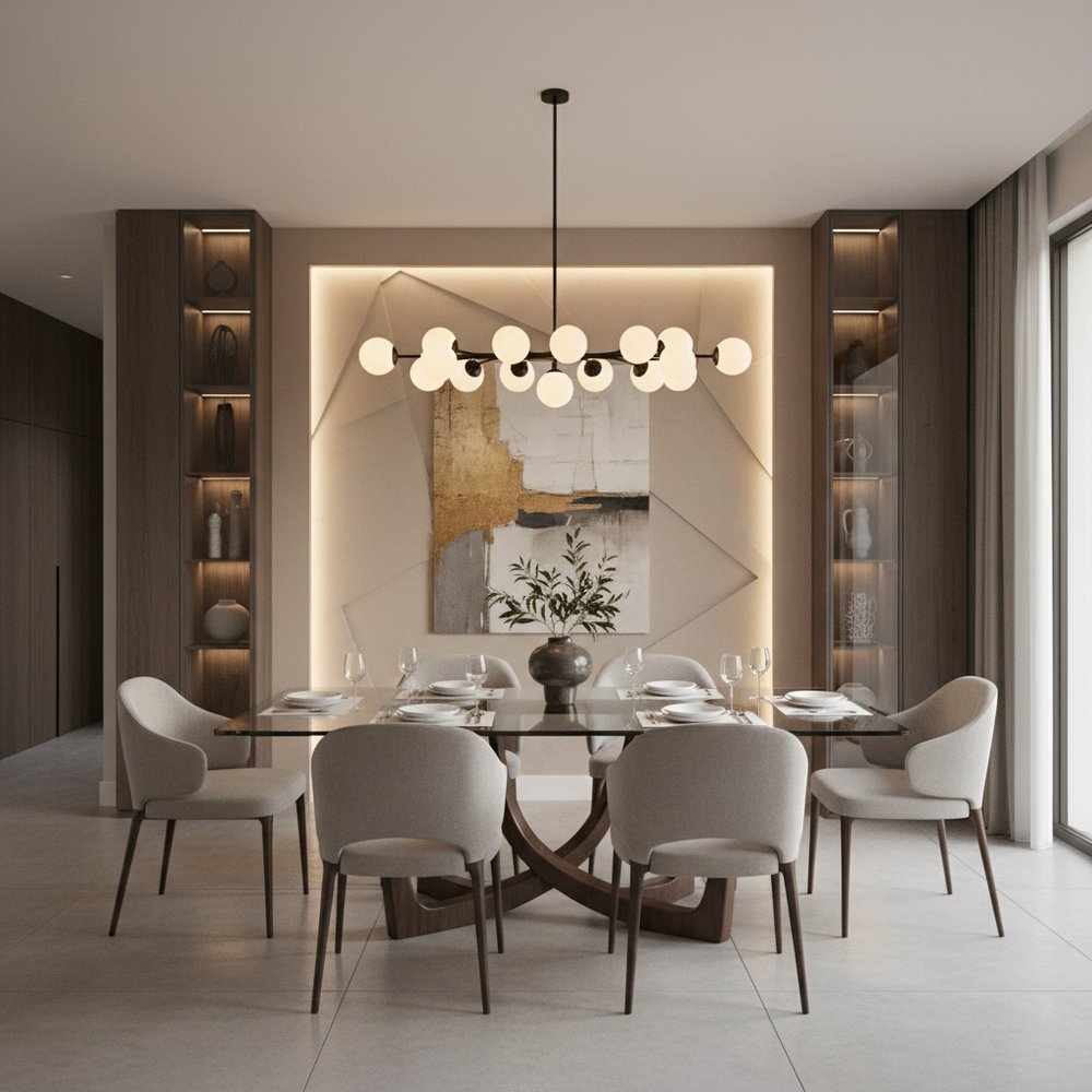 Modern Dining Room With A Beige Accent Wall
