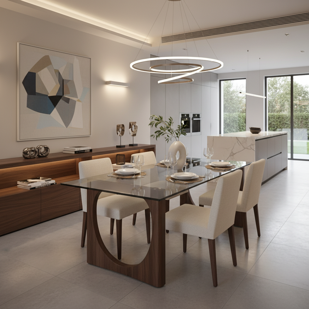 Modern 4-Seater Dining Room with Glass Top Table and Wooden Console