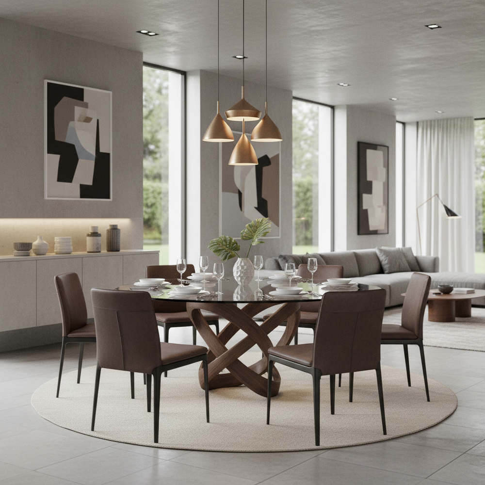 Contemporary Dining Room with Glass Top Table and Leather Seating