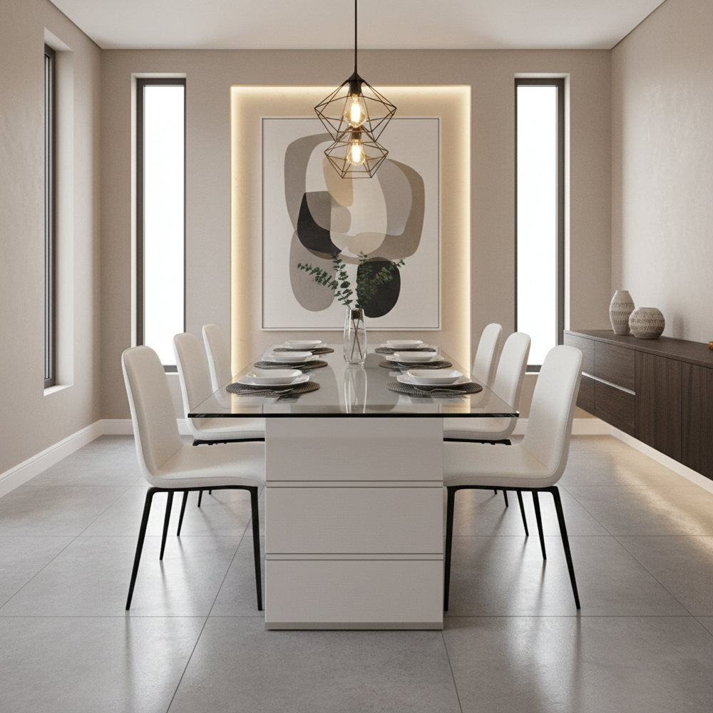 Modern Dining Room with Glass Top Table and White Chairs