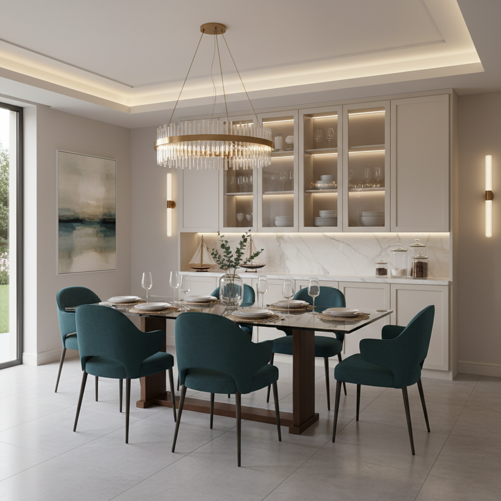 Modern Dining Room with Glass Table and Teal Velvet Chairs