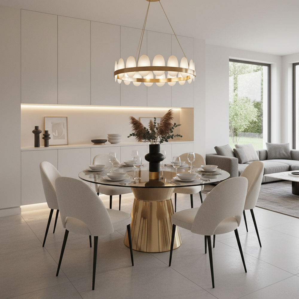 Modern 6-Seater Dining Room with Round Glass Top Table