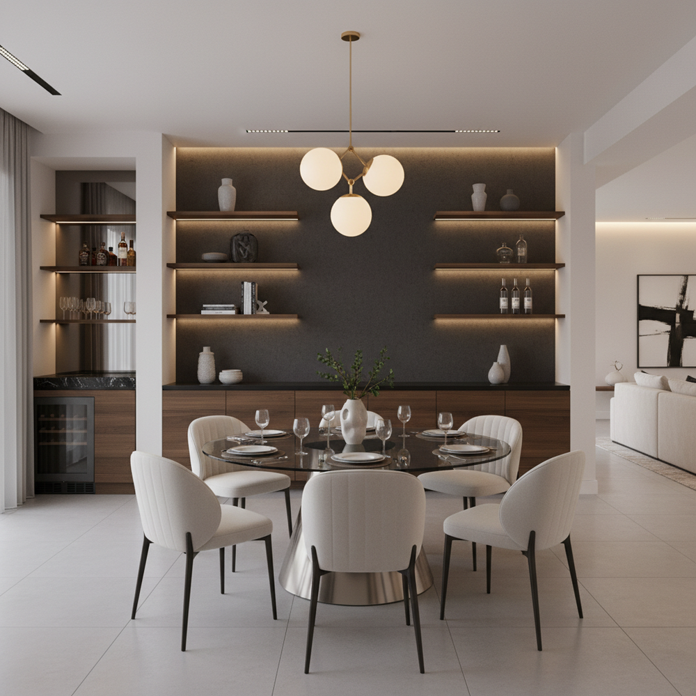 Modern Glass Top 6-Seater Dining Room with Accent Wall