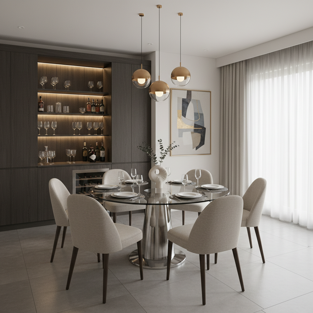 Modern Glass Top 6-Seater Dining Room with Bar Storage