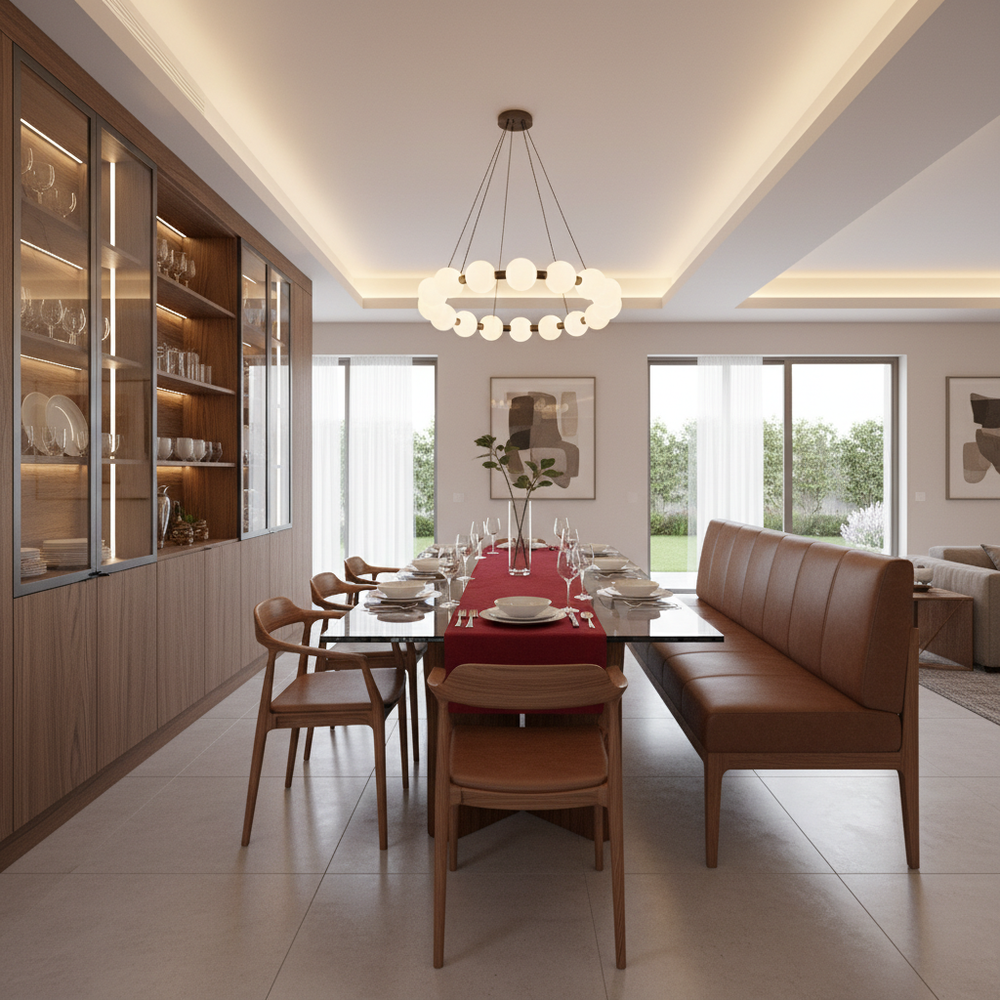 Modern Glass Top 6-Seater Dining Room with Crockery Unit and Bench Seating