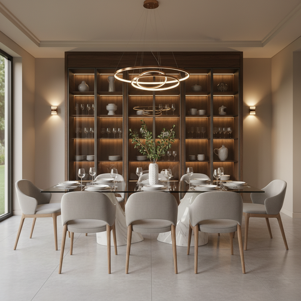 Contemporary Grey Dining Room with Glass Shutter Crockery Unit